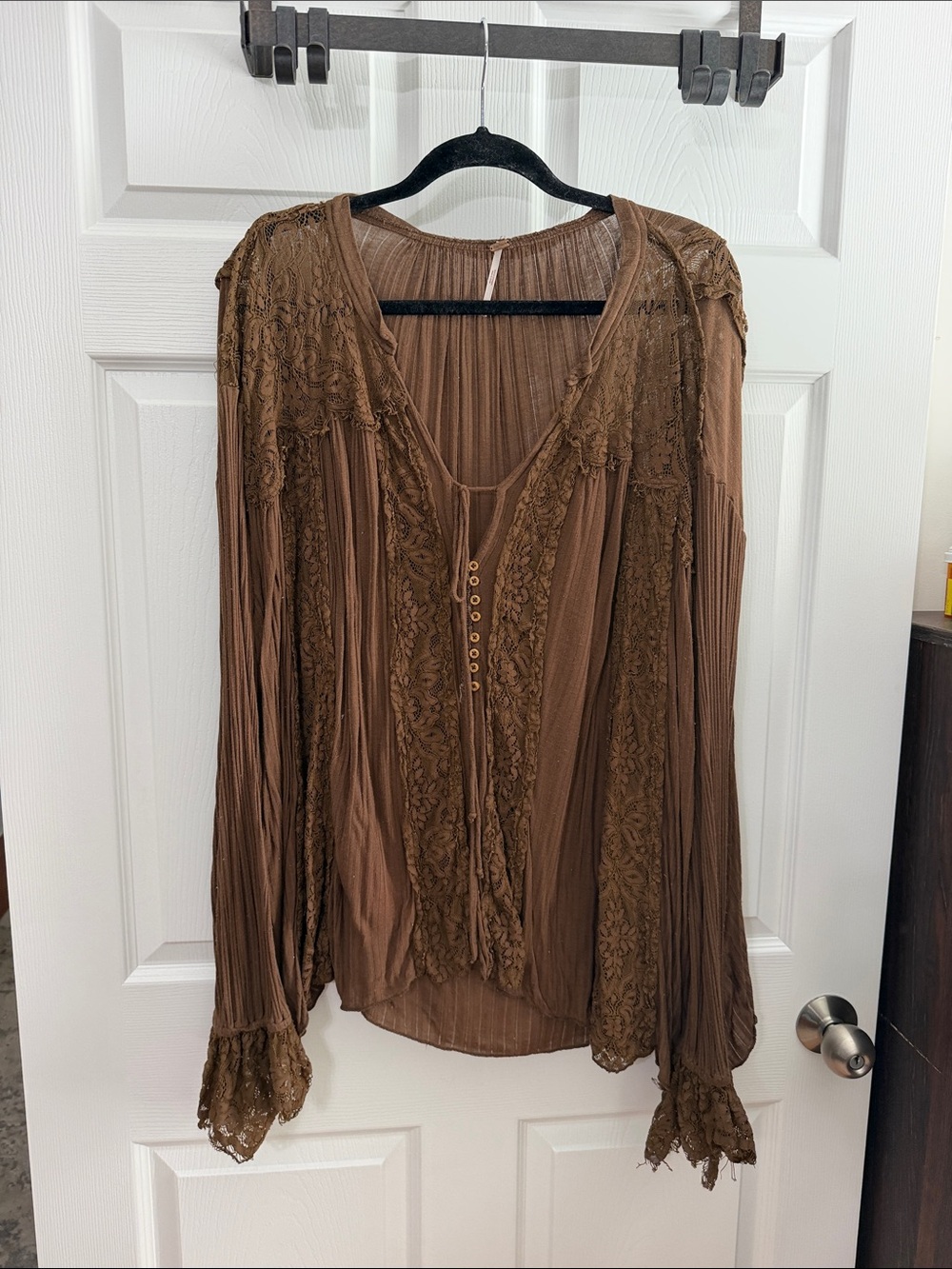 Free People Brown Lace-Trim Long Sleeve Tunic